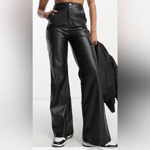Violet Romance Tall faux leather wide leg cargo pants in black